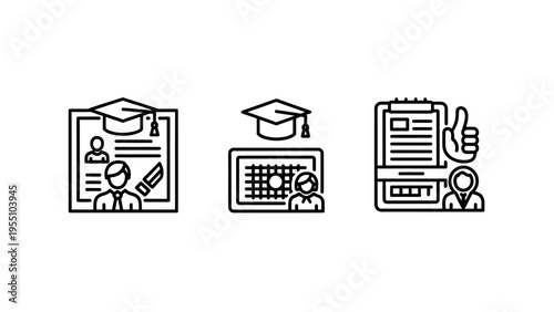 Career development and recruitment vector icons set featuring education, application, and success in professional growth