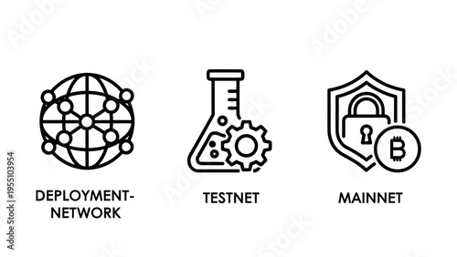 Outline icons representing deployment networks, testnets, and mainnets for blockchain, cryptocurrency, and secure network development projects