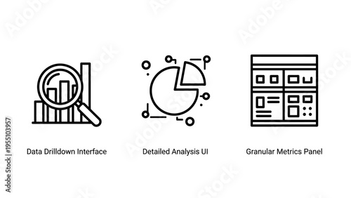 Outline icons depicting data resource views, detailed analysis, and metric panels for business intelligence and financial reporting dashboards