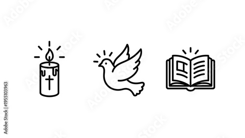 Outline icons symbolizing religious concepts like a candle, dove, and open book for faith, spirituality, and sacred ceremonies