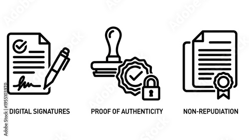 Outline icons depicting digital signatures, proof of authenticity, and non-repudiation for secure document verification and legal transactions