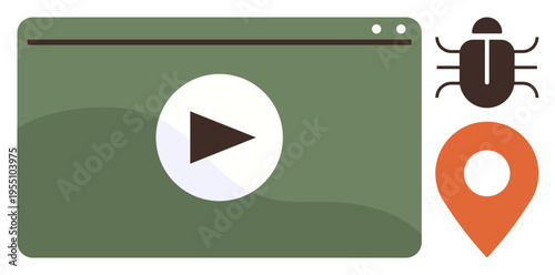 Cybersecurity, digital threats, online privacy, malware detection, geolocation tracking, internet safety. A video player with a play button, bug symbol and location pin. Cybersecurity and malware