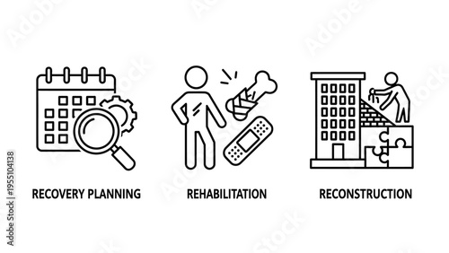 Outline icons illustrating recovery planning, medical rehabilitation, and urban reconstruction for business development and crisis management