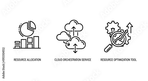 Outline icons for business growth, cloud computing infrastructure, and advanced data analysis for market insights