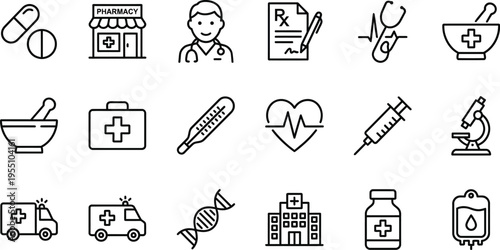 Medical icons including pills, pharmacy, doctor, prescription, stethoscope, mortar, first aid kit, thermometer, heart rate, syringe, microscope, ambulance, DNA, hospital, and medical bottle