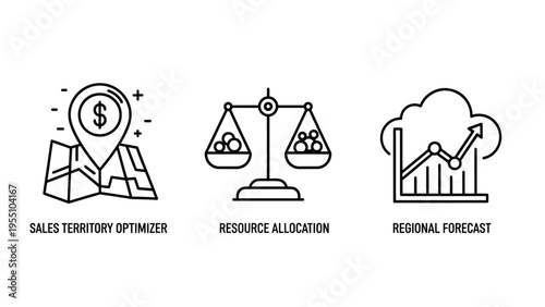 Dynamic business strategy line icons: sales funnel optimization, balanced resource allocation, and regional market forecasting