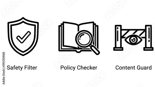 Digital safety and compliance line icons: safety filter, policy checker for regulations, and content guard for online protection