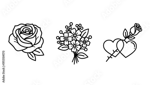 Delicate outline icons of nature and romance: single rose, small flower bouquet, and two interlocked hearts pierced by an arrow