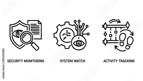 Comprehensive digital surveillance line icons: security monitoring, system watch, and activity tracking for data integrity