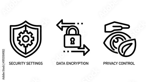 Digital security settings, data encryption, and privacy control icons - outline web vector elements for cyber protection