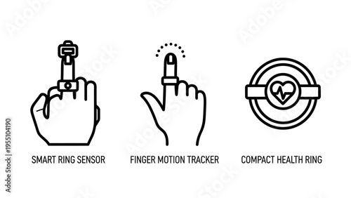 Smart hr sensor, finger motion tracker, and compact health hub outline icons - wearable medical technology and wellness devices