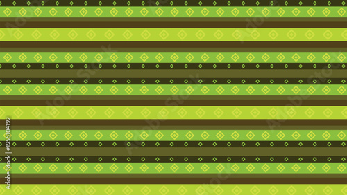 Seamless pattern with vibrant geometric diamond shapes and horizontal stripes in various shades of green and earthy brown, a modern abstract repeating design for backgrounds and textiles.