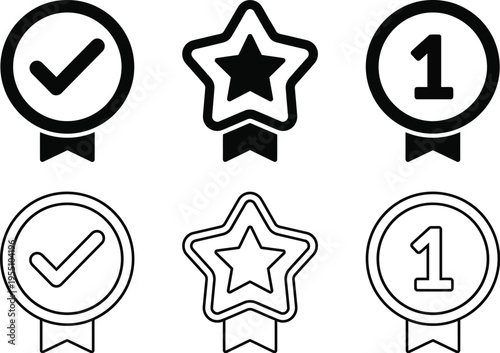A set of six vector graphic icons depicting checkmarks, stars, and numbers on ribbons, symbolizing achievement and recognition in a simple, modern design.