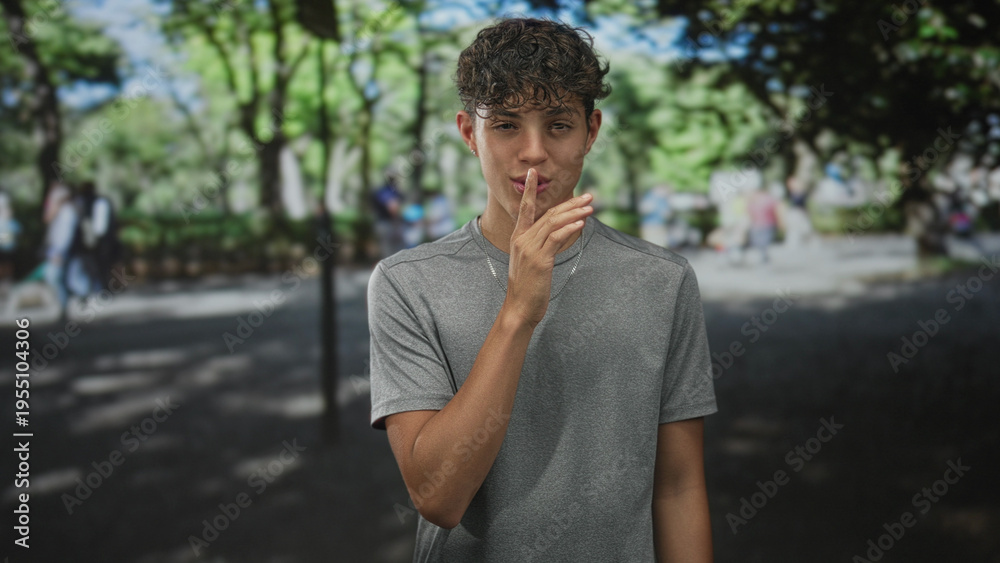 Fototapeta premium Teenage boy with finger to lips for silence in park, wearing gray shirt and necklace, facing camera with slight smile; contemplation.