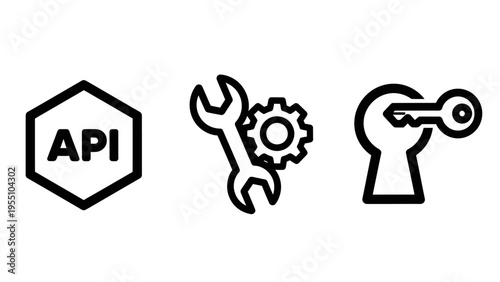 Api development, software integration, technical settings, and access key security icons in outline style