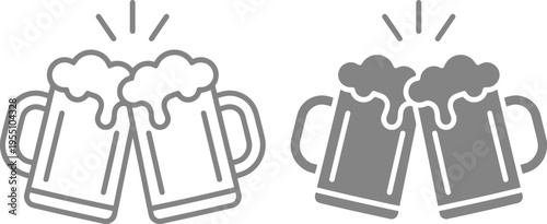 Vector illustration of two sets of clinking beer mugs with foam, depicted in both outline and filled styles, symbolizing celebration and friendship in a graphic design.