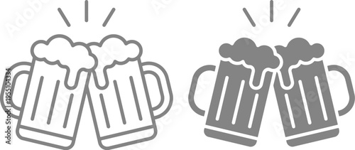 Vector graphic illustration of two sets of beer mugs clinking together in a celebratory toast, with one set in line art and the other in solid fill design