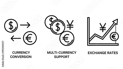 Currency conversion, multi-currency support, and exchange rates icons: global finance, banking, and international trade for economic analysis and transactions