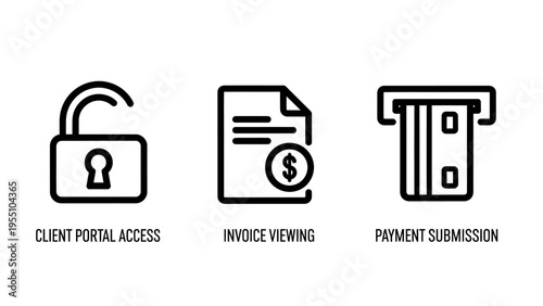 Client portal access, invoice making, and payment submission icons: business, finance, and secure transaction processes for online banking and billing systems