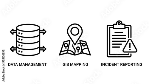 Data management, gis mapping, and incident reporting icons: critical systems for geographic information, location intelligence, and emergency response technology solutions