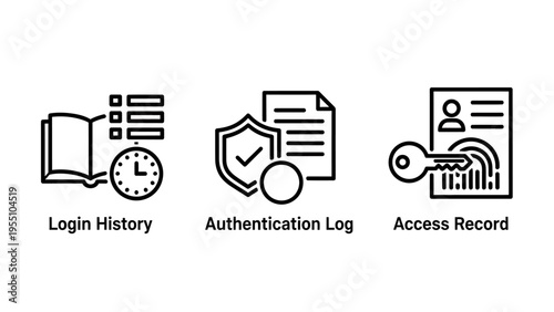 Cybersecurity access control icons for login history and authentication logs featuring line art symbols of security shields, identity records, fingerprint verification, and key entry systems