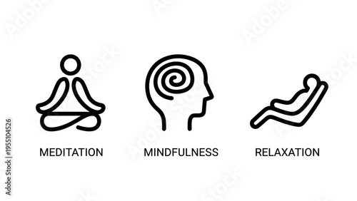 Wellness and mental health icons for meditation and mindfulness featuring line art symbols of lotus poses, thought spirals, and relaxed body positions for stress relief and therapy