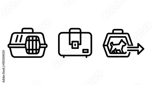 Pet transportation icon set featuring a plastic travel crate a small carry case and an animal moving out of a travel kennel for veterinary visits or shipping pets safely and securely