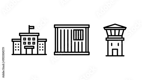 Set of prison and government building line icons featuring a school structure jail cell with bars and security guard watch tower for law justice legal system and incarceration concepts