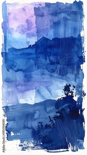 Abstract watercolor painting with deep blues and light purples in vertical strokes on white background