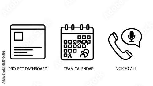 Business productivity line icon set with project management dashboard team calendar and voice call icons for remote work collaboration digital communication and workflow organization