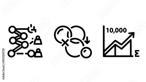 Data analysis and financial growth icons featuring statistical charts, process flow diagrams, and a rising performance graph with sigma symbols for business intelligence and analytics reports