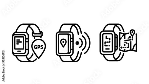 Set of smartwatch icons highlighting gps tracking, navigation, and location services with map displays and wireless signal indicators for wearable technology and outdoor activity tracking