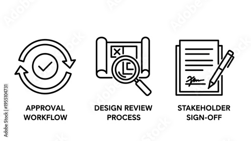 Corporate workflow management icons for approval process design review and stakeholder sign-off illustrating project development stages document verification and professional quality control