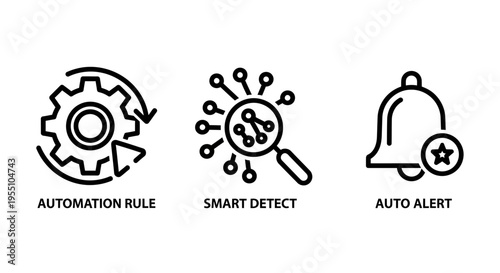 Technology automation icons for smart detection rules and auto alerts featuring gear mechanisms neural network nodes and notification bells for intelligent system monitoring and efficiency