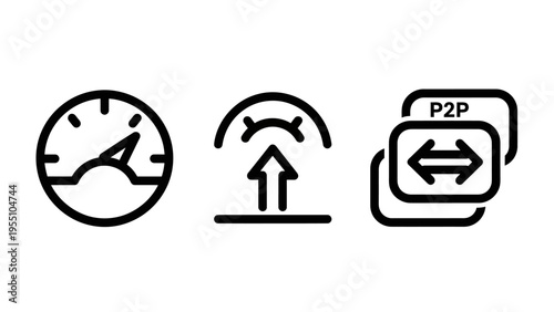 Data connectivity icons representing internet speed performance and peer-to-peer file transfer protocols for network bandwidth optimization and fast information sharing technology solutions
