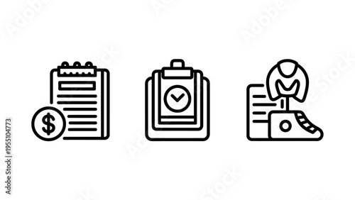 Industrial management icons for financial invoicing project scheduling and safety equipment tracking illustrating manufacturing logistics and workplace operational efficiency standards