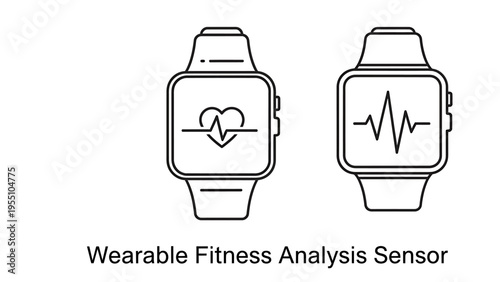 Wearable fitness analysis sensors and smartwatch icons showing heart rate monitoring and electronic pulse tracking for healthcare biometrics and sports performance technology applications