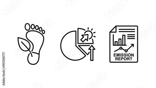 Environmental sustainability icons for carbon footprint measurement renewable energy pie charts and emission reports focusing on corporate ecology and green climate action initiatives