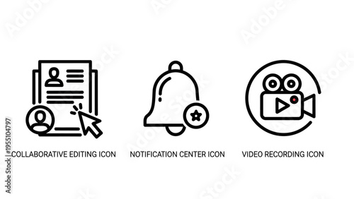 Digital interface line icons for application forms, notification centers, and recording, useful for web and app design projects