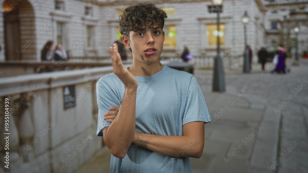 Fototapeta premium Teenage boy gestures with hands on a city street beside a stone balustrade, looking pensive and expressive; thoughtful reflection.
