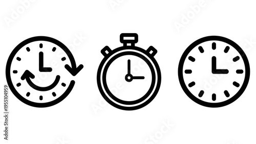 Time management icon set featuring history clock, stopwatch timer, and analog wall clock symbols for scheduling, productivity, countdown tracking, and business chronology interface elements