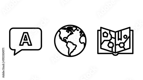 Travel and communication icon set featuring language translation, world globe, and navigation map book symbols for global business, international exploration, and geography education design