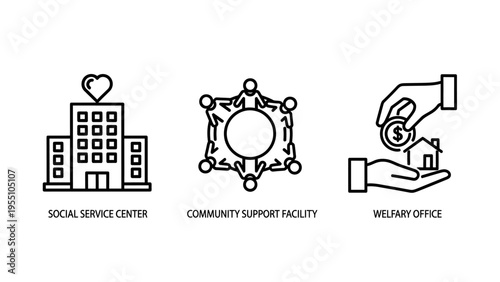 Social impact center and community support facility icon set with welfare office building and charity donation symbol for non profit organization and neighborhood volunteer services