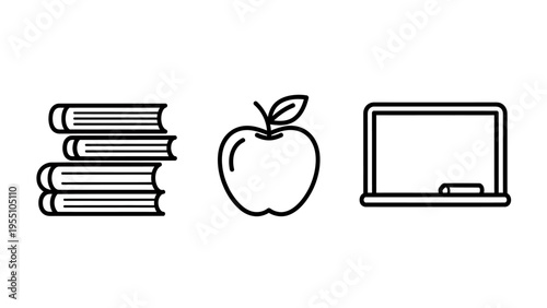 Education and learning school icon set with stack of books and apple and classroom chalkboard symbol for academic study and teacher training or student library knowledge resources