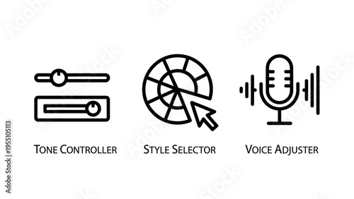 Audio tone controller and voice adjuster icon set with style selector wheel for sound engineering and music production software interface design and digital signal processing tools