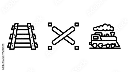 Train and railway transportation icon set featuring steam locomotive, railroad tracks, and level crossing sign in black line art style for logistic and travel design