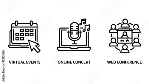 Online event and virtual communication icon set including digital calendar, microphone for live concert, and web conference meeting symbols in line art style