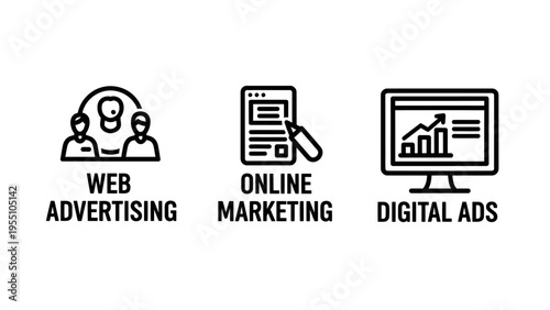 Digital marketing and online advertising icon set showing search engine strategy, mobile marketing, and data analytics on monitor screen for business growth