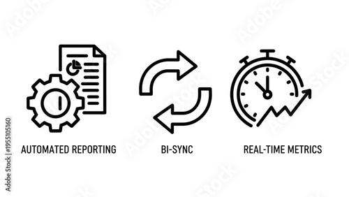 Set of data analysis icons for automated reporting, gears, business intelligence sync arrows, and real time metrics using stopwatch and growth chart performance symbols for business