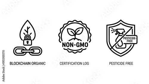 Ecological product label icons representing blockchain organic leaf, lock, ethically grown non-gmo seal, and pesticide free spray bottle shield for natural eco friendly products